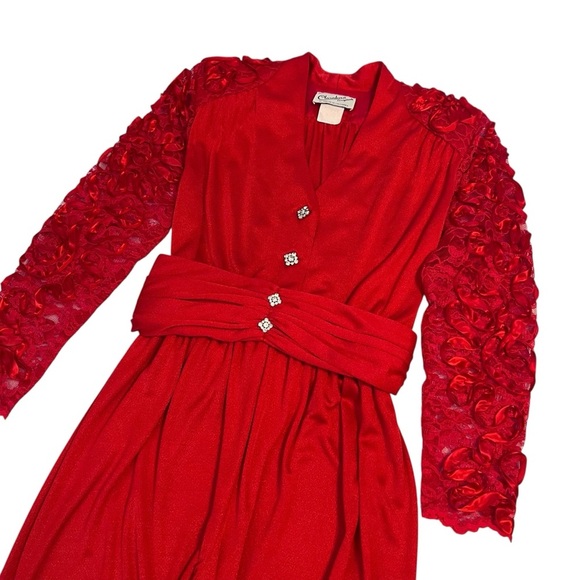 Vintage Claralura Red Jumpsuit Rhinestone Button Lace Sleeve USA 80s Glam - Picture 1 of 11
